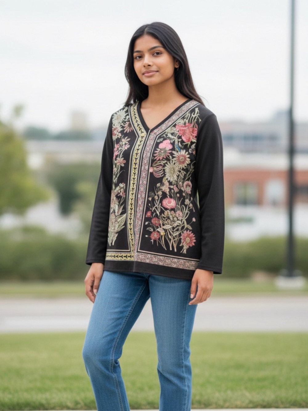 Peck & Peck Black Floral Blouse with Gold Accents